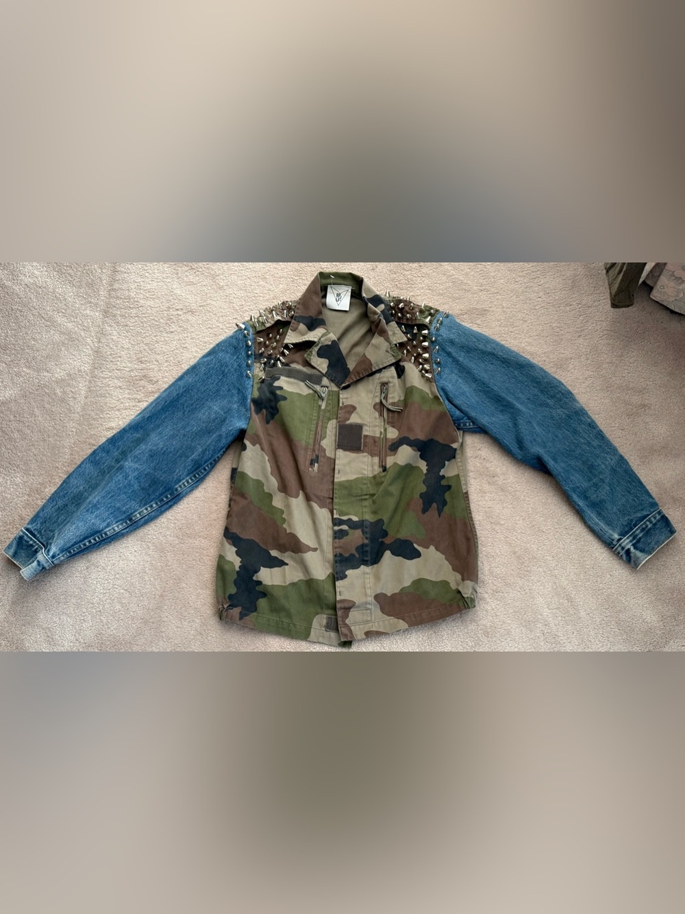 RP4LF Camo Utility Jacket Denim Sleeves Studded Military Style small medium S/M